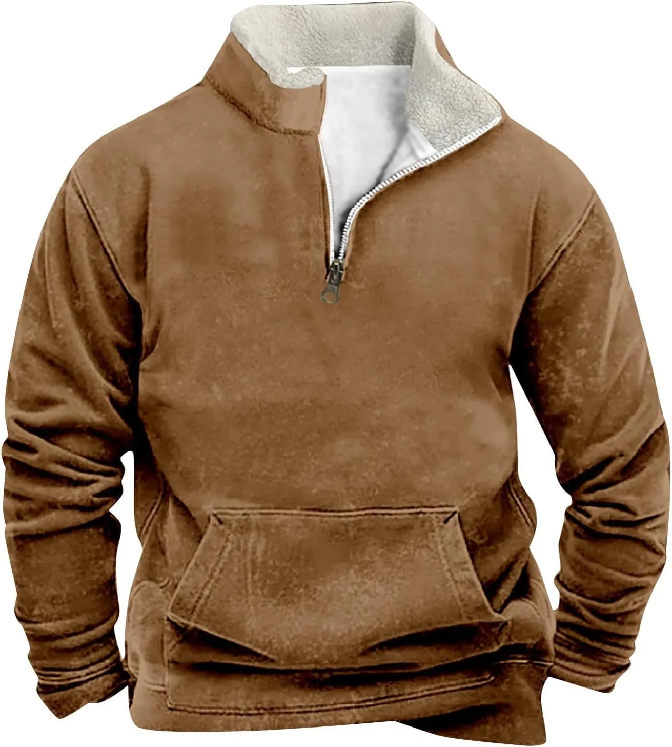 Men Fleece Lined Sweatshirt Plus Size 1/4 Zip Warm Sherpa Winter Thick Sweater Loose Color Block Long Sleeve Pullover