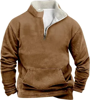 Men Fleece Lined Sweatshirt Plus Size 1/4 Zip Warm Sherpa Winter Thick Sweater Loose Color Block Long Sleeve Pullover