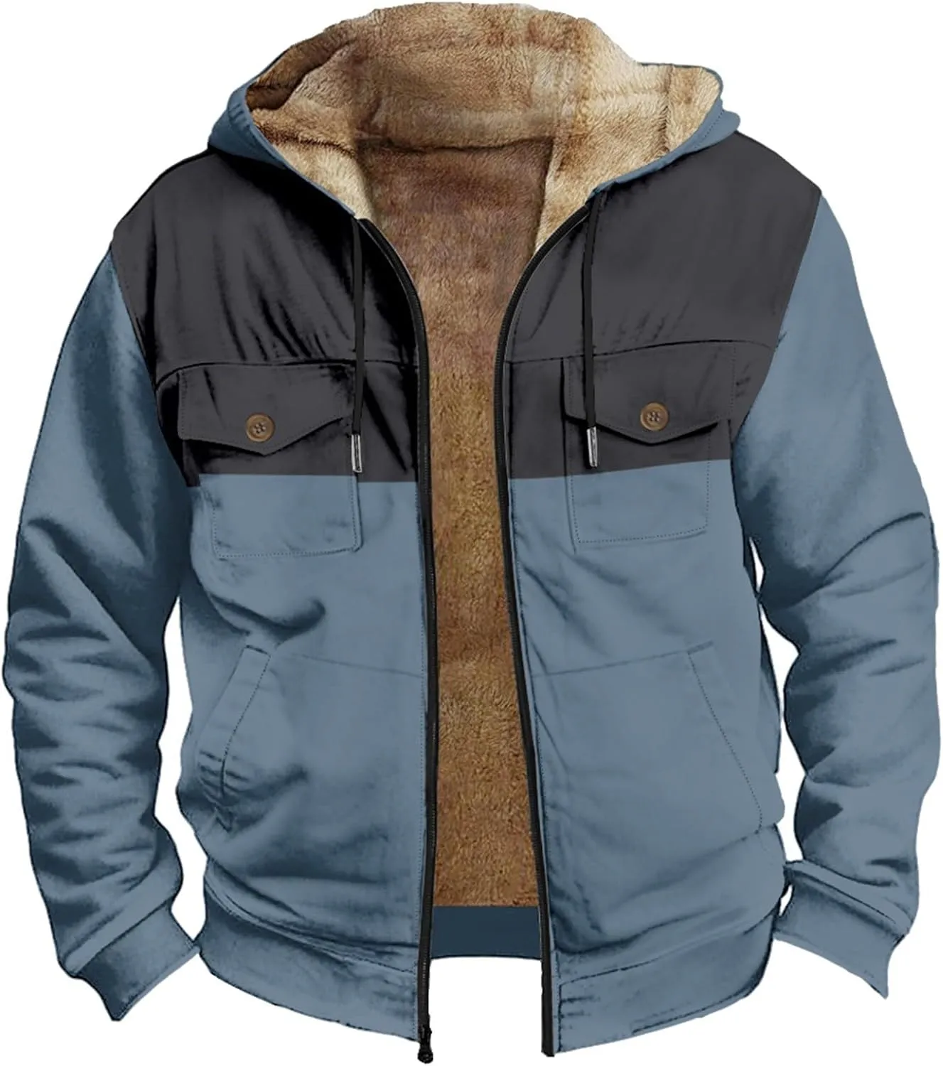 Men Heavyweight Sherpa Lined Hoodie Oversize Full Zip Warm Winter Fleece Jacket Color Block Thick Sweatshirt Outwear