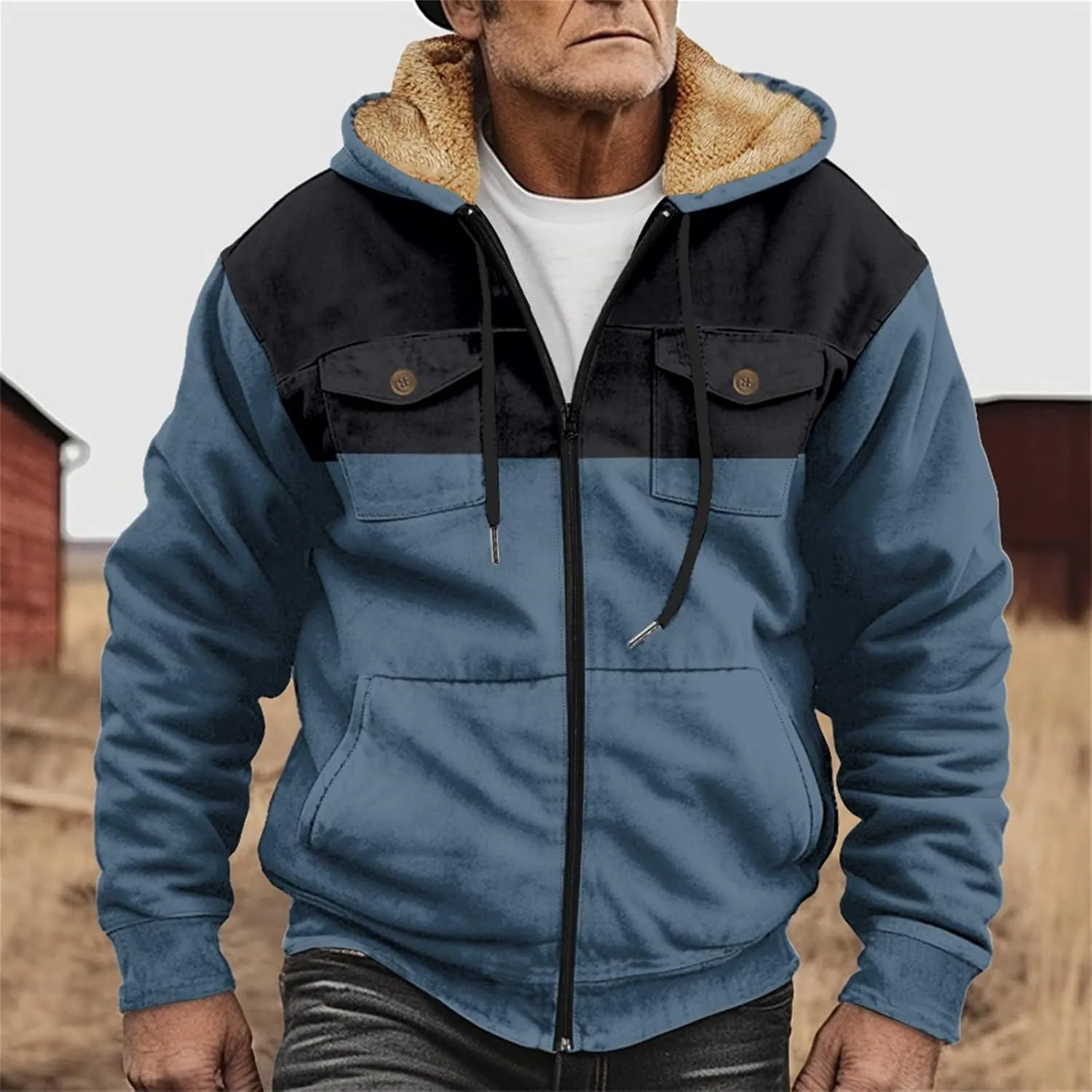 Men Heavyweight Sherpa Lined Hoodie Oversize Full Zip Warm Winter Fleece Jacket Color Block Thick Sweatshirt Outwear