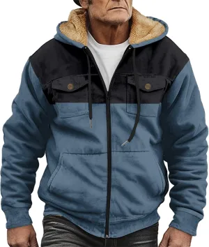 Men Heavyweight Sherpa Lined Hoodie Oversize Full Zip Warm Winter Fleece Jacket Color Block Thick Sweatshirt Outwear