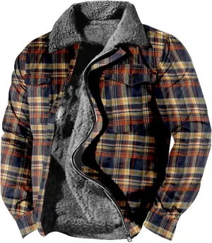 Men Sherpa Fleece Lined Jacket Plus Size Distressed Aztec Plaid Trucker Coats Chunky Warm Winter Outwear with Pockets