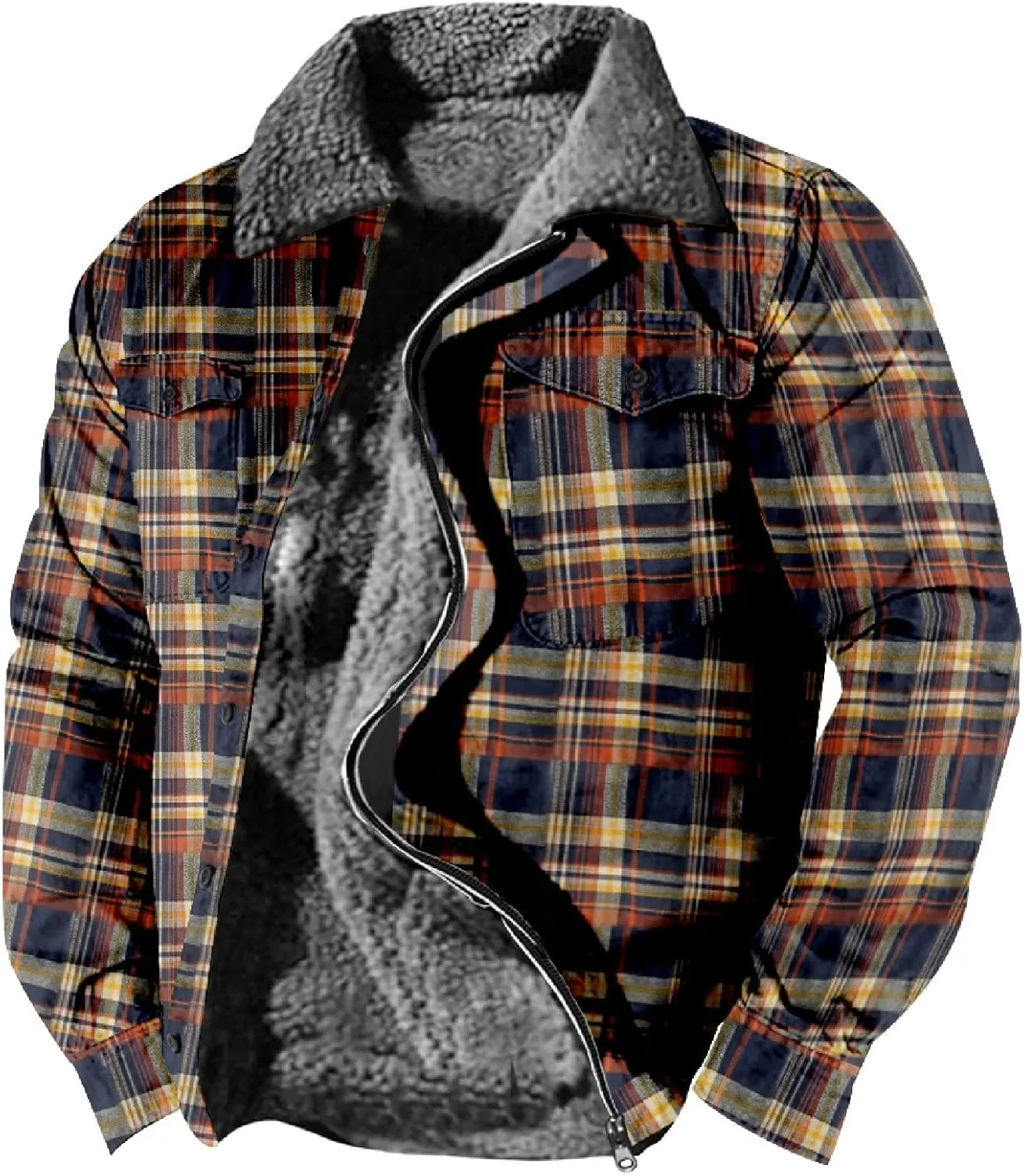 Men Sherpa Fleece Lined Jacket Plus Size Distressed Aztec Plaid Trucker Coats Chunky Warm Winter Outwear with Pockets