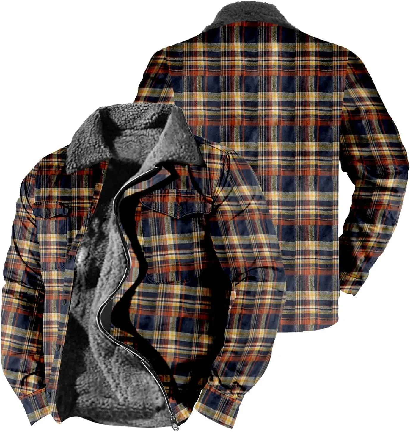 Men Sherpa Fleece Lined Jacket Plus Size Distressed Aztec Plaid Trucker Coats Chunky Warm Winter Outwear with Pockets