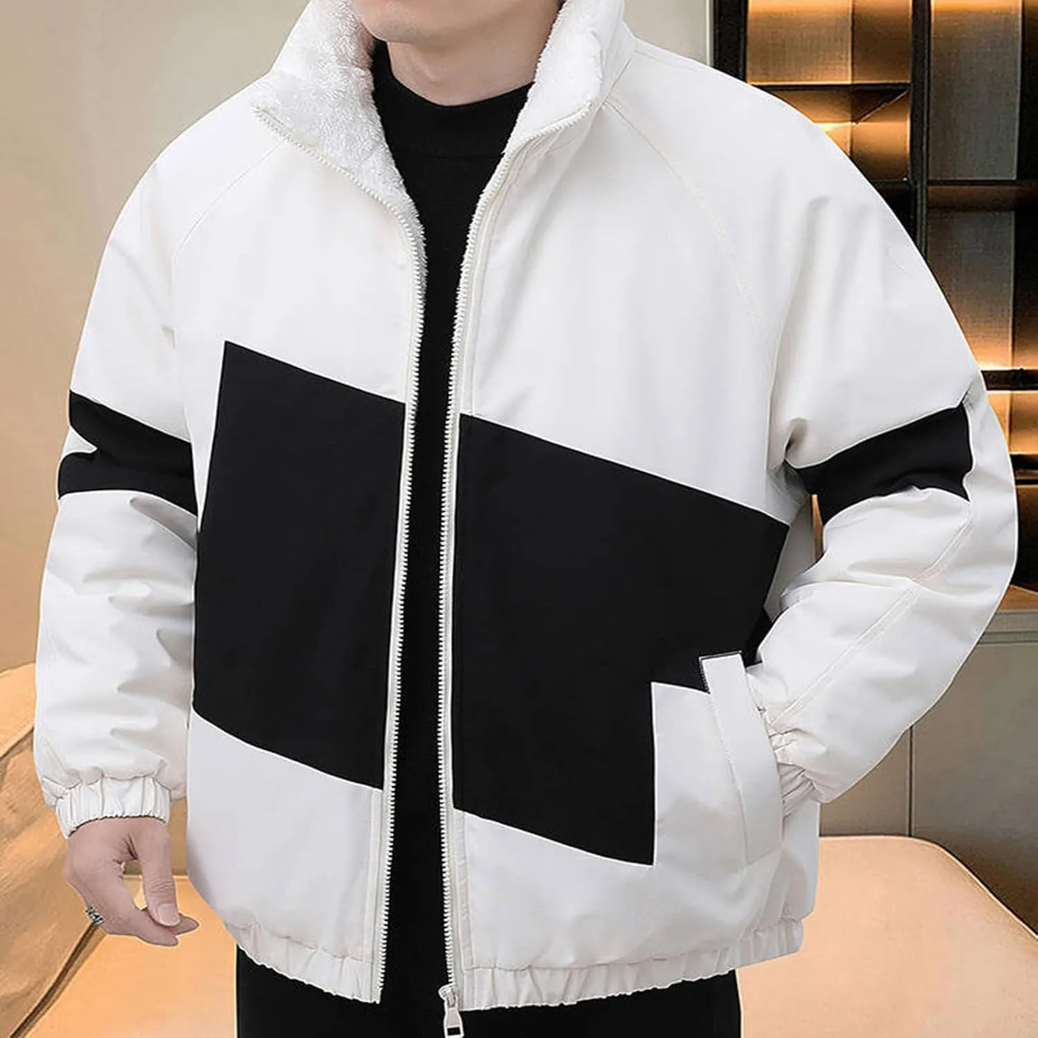 Mens Bomber Jacket Sherpa Lined Warm Lounge Jackets Coats Fashion Color Block Windbreaker Full Zip Fleece Outerwear
