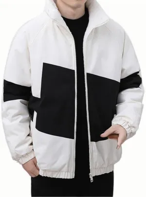 Mens Bomber Jacket Sherpa Lined Warm Lounge Jackets Coats Fashion Color Block Windbreaker Full Zip Fleece Outerwear
