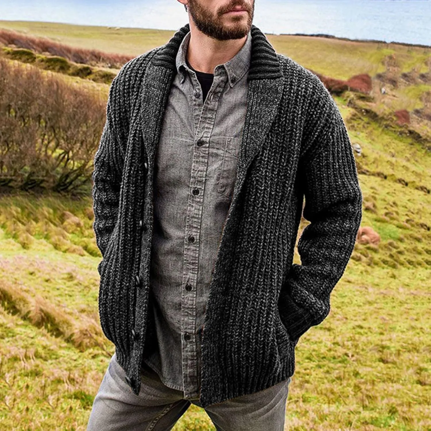 Mens Cable Knit Cardigan Sweater Casual Shawl Collar Loose Fit Sweater Long Sleeve Button Down Cardigans with Pockets