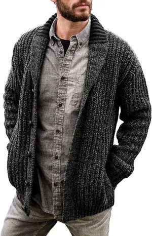 Mens Cable Knit Cardigan Sweater Casual Shawl Collar Loose Fit Sweater Long Sleeve Button Down Cardigans with Pockets