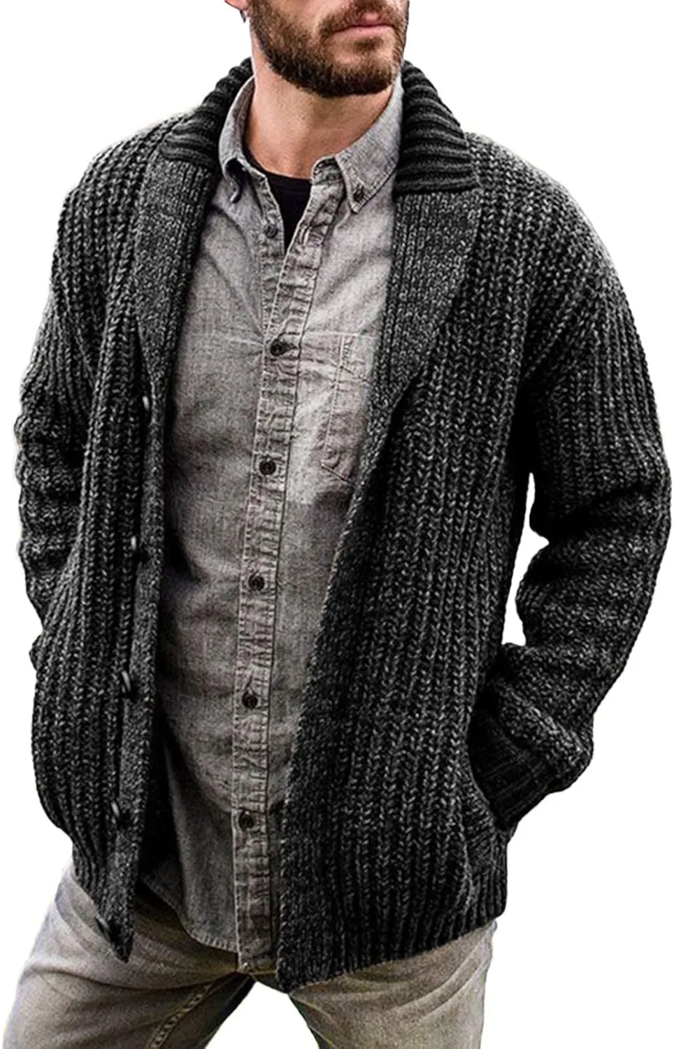 Mens Cable Knit Cardigan Sweater Casual Shawl Collar Loose Fit Sweater Long Sleeve Button Down Cardigans with Pockets