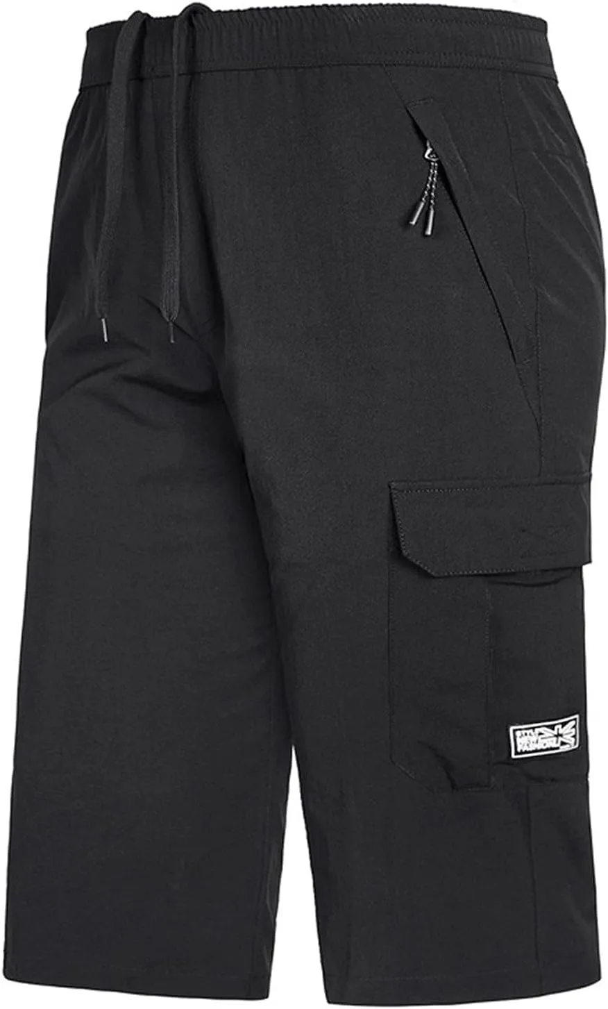 Men's Cargo Shorts 3/4 Capri Pants below Knee Drawstring Long Shorts with Multi Pocket Yoga Pants Workout Jogger