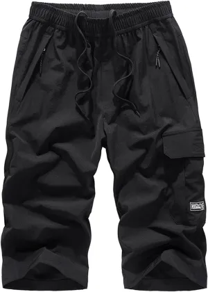 Men's Cargo Shorts 3/4 Capri Pants below Knee Drawstring Long Shorts with Multi Pocket Yoga Pants Workout Jogger