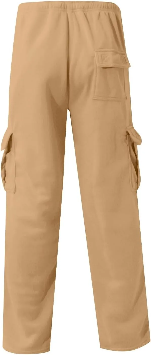 Men's Cargo Sweatpants for Men Open Bottom Fleece Hiking Jogger with Pockets Drawstring Gym Running Trousers