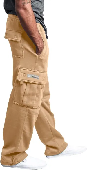 Men's Cargo Sweatpants for Men Open Bottom Fleece Hiking Jogger with Pockets Drawstring Gym Running Trousers