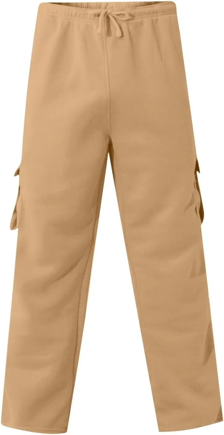 Men's Cargo Sweatpants for Men Open Bottom Fleece Hiking Jogger with Pockets Drawstring Gym Running Trousers