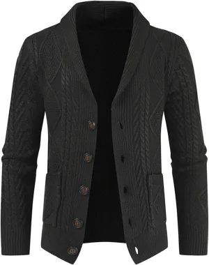 Mens Casual Crocheted Knit Cardigan Slim Fit Sweaters Turtleneck Button Down Long Sleeve Warm Knitwear Fashion Tops