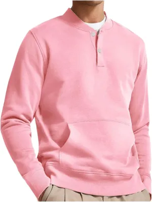 Mens Casual Long Sleeve Shirts Fashion Button Down V Neck Sweatshirts Solid Color Long Sleeve Tops with Pocket