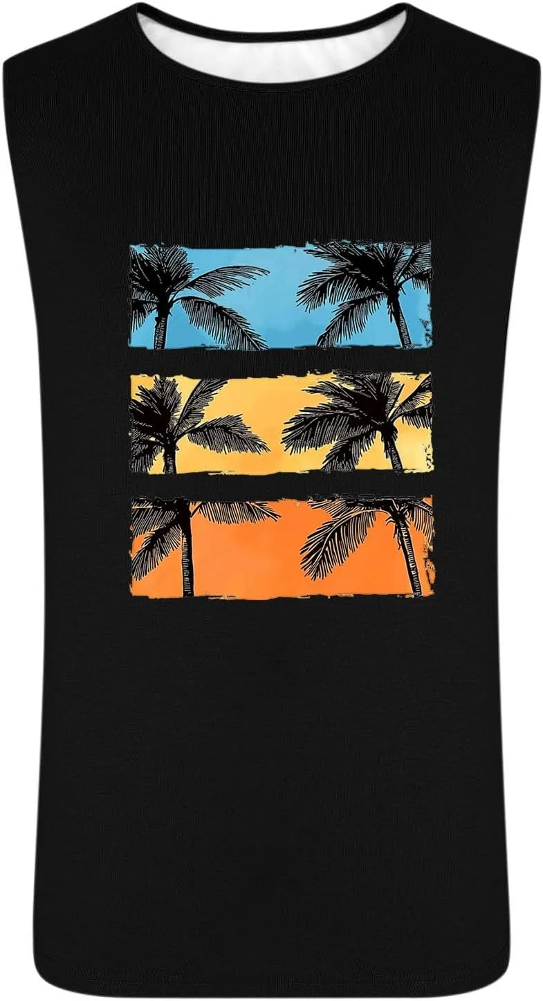Mens Coconut Tree Print Hawaiian Beach Tank Tops - Casual Summer Sleeveless Crew Neck Gym Workout Muscle Tee Shirts