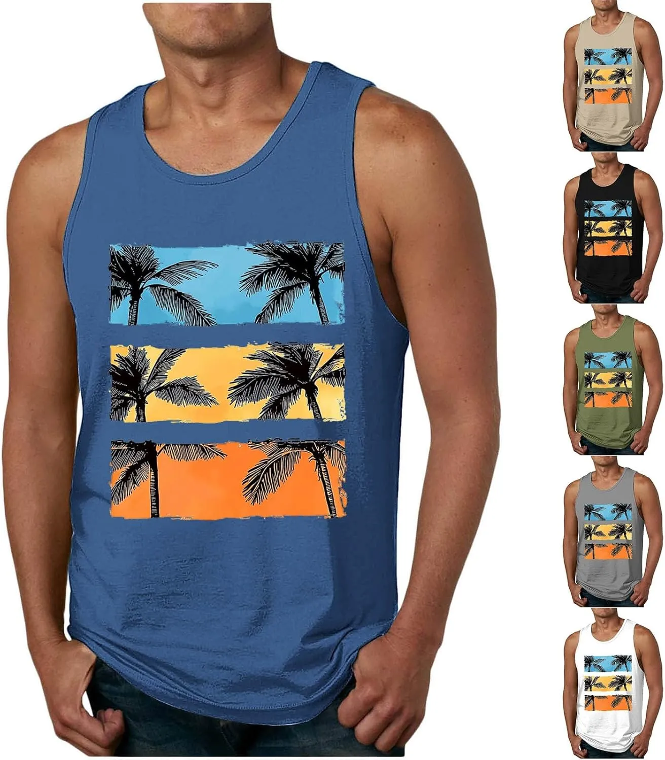 Mens Coconut Tree Print Hawaiian Beach Tank Tops - Casual Summer Sleeveless Crew Neck Gym Workout Muscle Tee Shirts