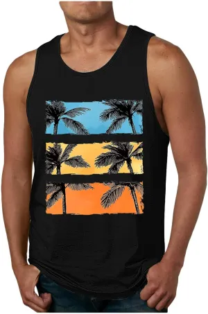 Mens Coconut Tree Print Hawaiian Beach Tank Tops - Casual Summer Sleeveless Crew Neck Gym Workout Muscle Tee Shirts