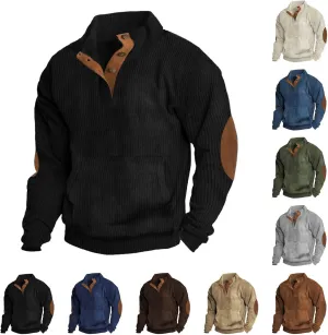 Men's Corduroy Sweatshirt Casual Long Sleeve Stand Collar Button Pullover Sweatshirts with Pockets