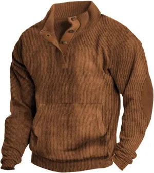 Men's Corduroy Sweatshirt Casual Long Sleeve Stand Collar Button Pullover Sweatshirts with Pockets
