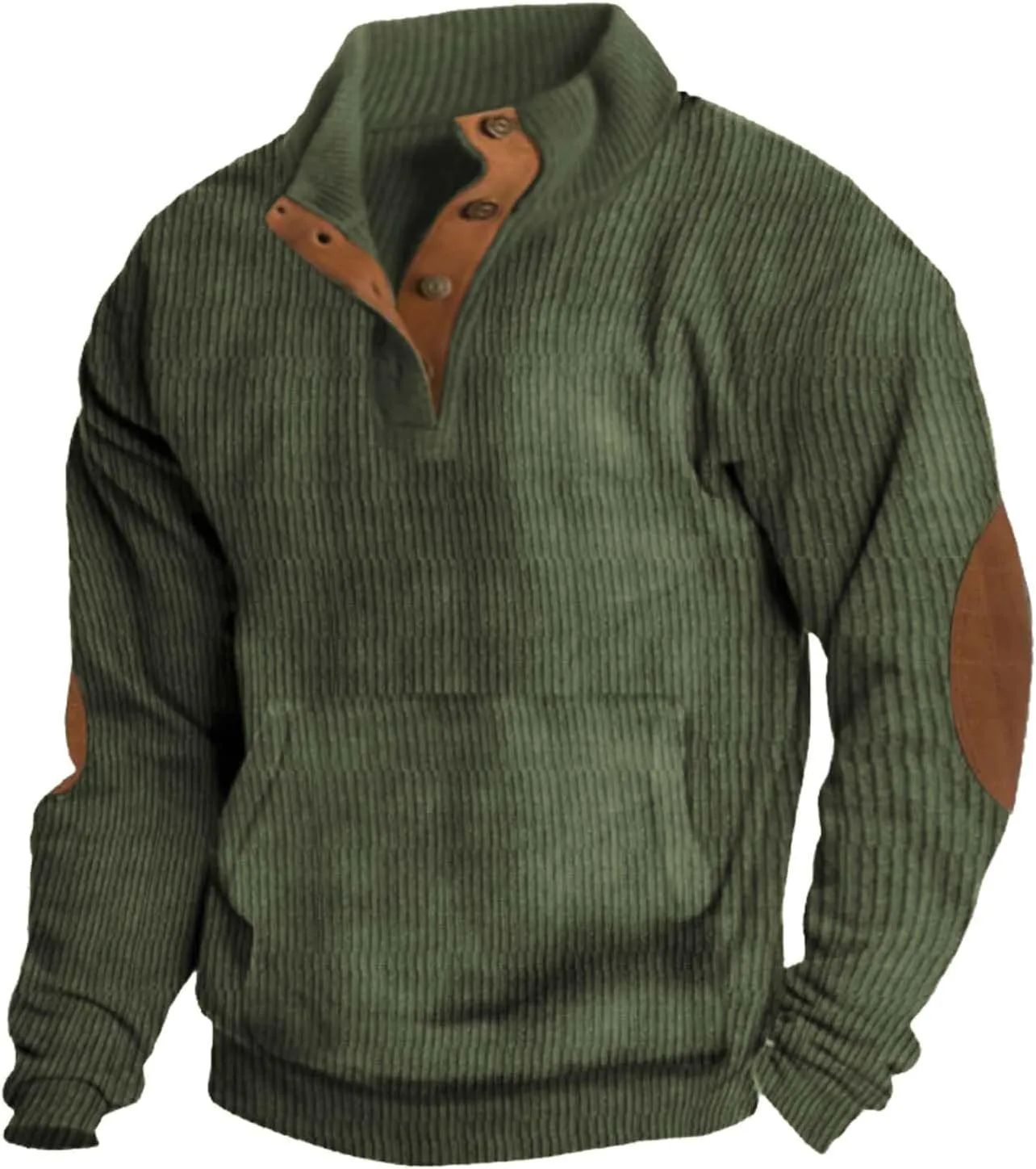 Men's Corduroy Sweatshirt Casual Long Sleeve Stand Collar Button Pullover Sweatshirts with Pockets
