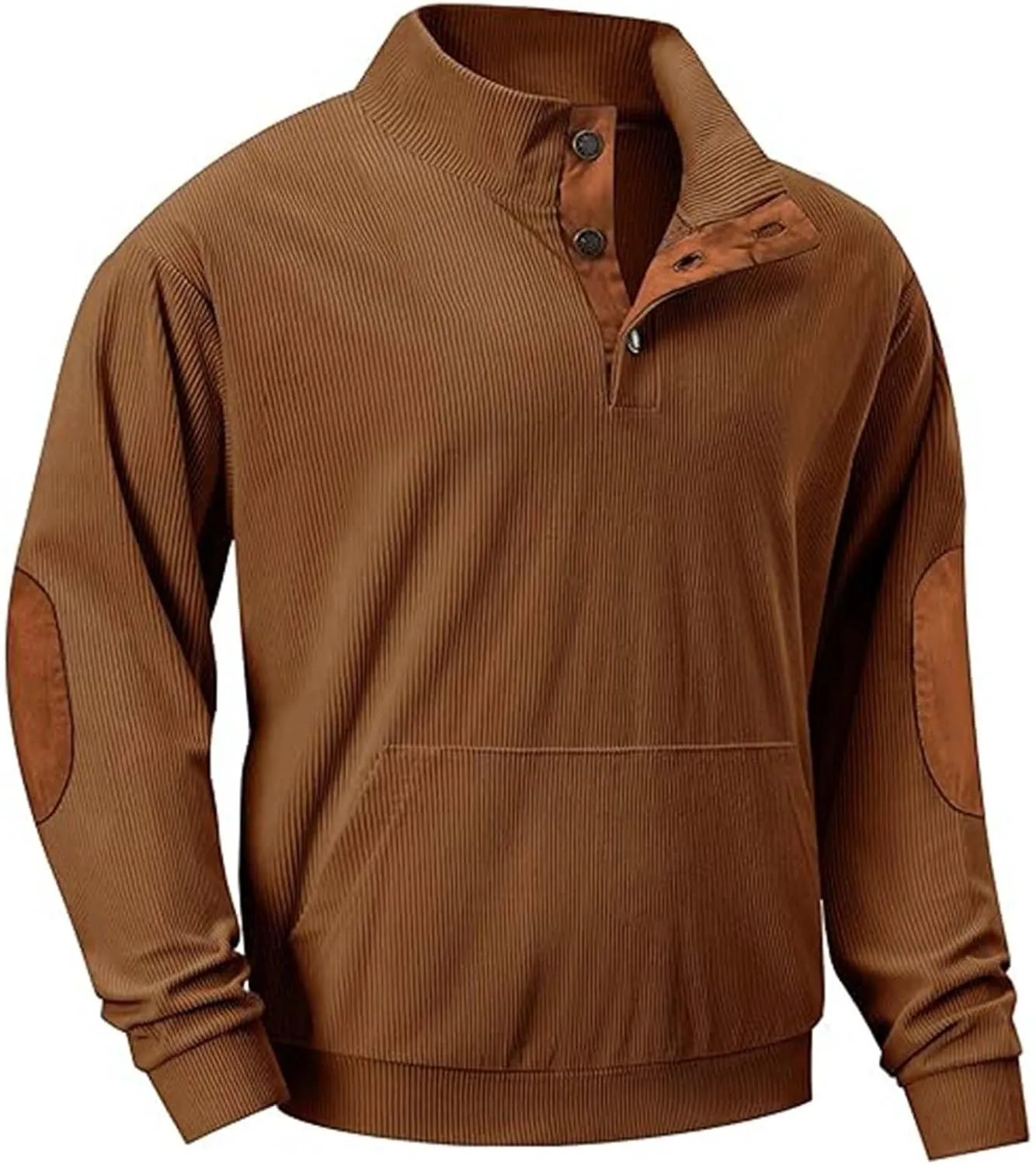 Men's Corduroy Sweatshirt Casual Long Sleeve Stand Collar Button Pullover Sweatshirts with Pockets