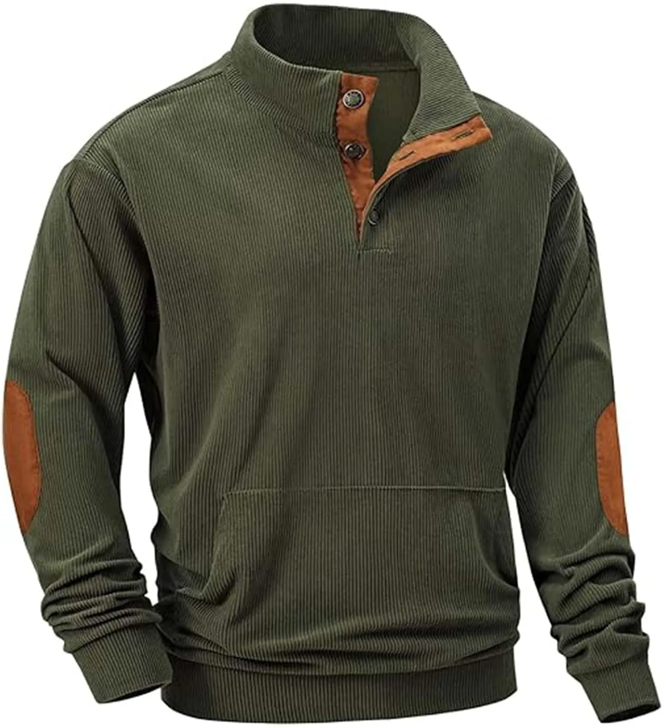 Men's Corduroy Sweatshirt Casual Long Sleeve Stand Collar Button Pullover Sweatshirts with Pockets