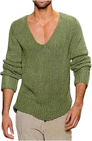 Men's Deep V Neck Sweaters Long Sleeve Lightweight Knitted Pullover Sweater Casual Loose Jumper Tops Spring Fall Streetwear