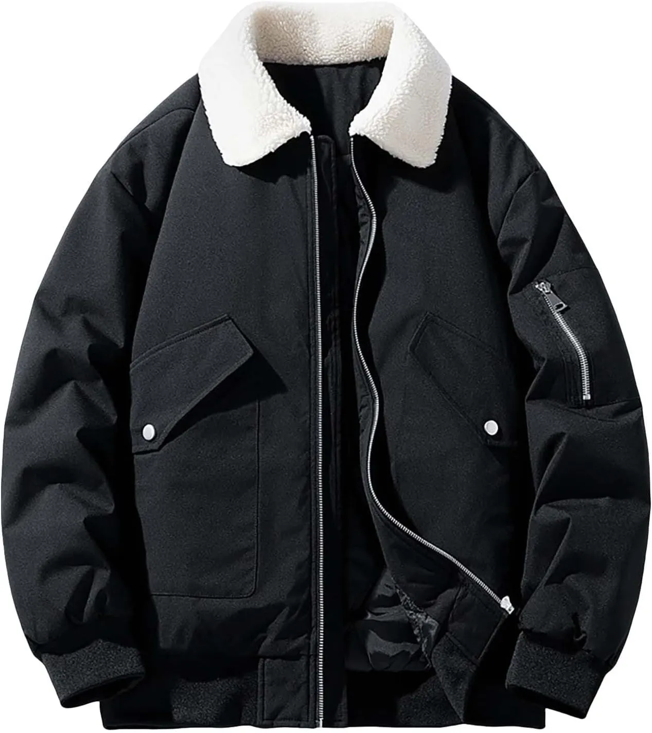 Men's Fashion Trucker Jacket Casual Sherpa Fleece Lined Fur Collar Puffer Jacket Vintage Loose Warm Cargo Work Jacket
