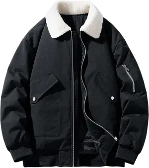 Men's Fashion Trucker Jacket Casual Sherpa Fleece Lined Fur Collar Puffer Jacket Vintage Loose Warm Cargo Work Jacket