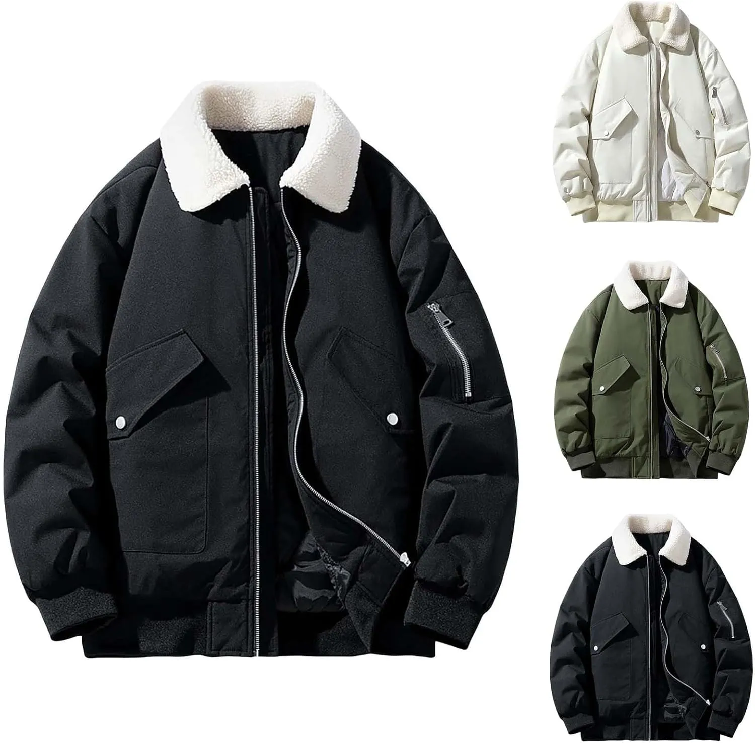 Men's Fashion Trucker Jacket Casual Sherpa Fleece Lined Fur Collar Puffer Jacket Vintage Loose Warm Cargo Work Jacket