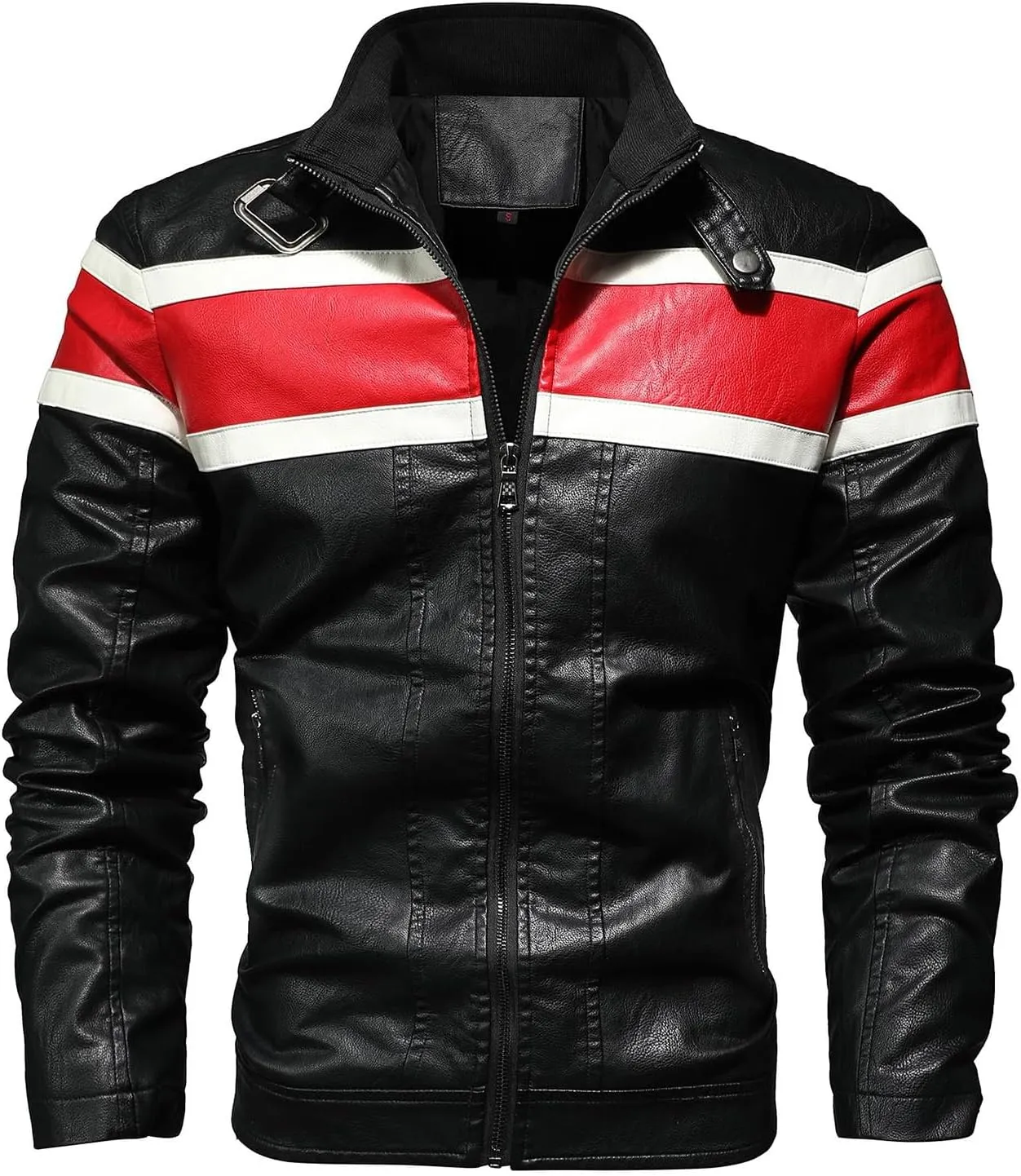 Men's Faux Leather Biker Jacket PU Moto Outerwear Stand Collar Coat Winter Windproof Jackets Zipper Patchwork Coats