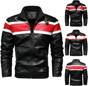 Men's Faux Leather Biker Jacket PU Moto Outerwear Stand Collar Coat Winter Windproof Jackets Zipper Patchwork Coats
