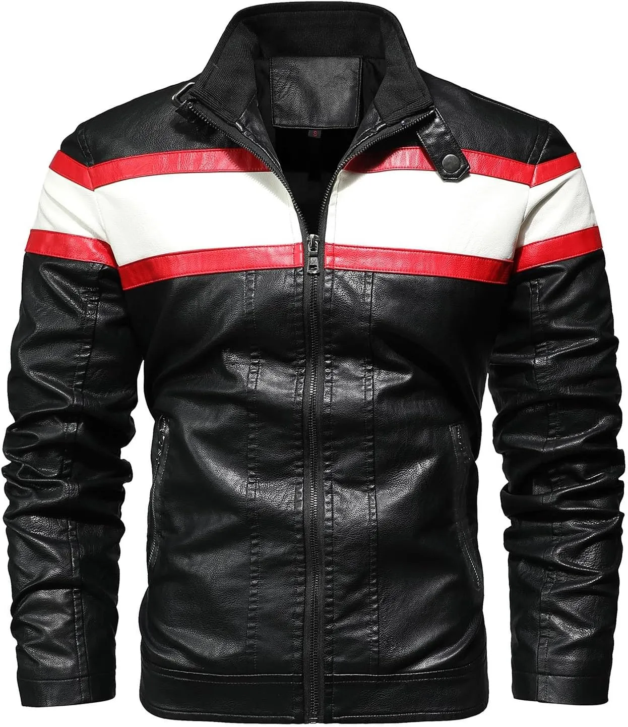 Men's Faux Leather Biker Jacket PU Moto Outerwear Stand Collar Coat Winter Windproof Jackets Zipper Patchwork Coats