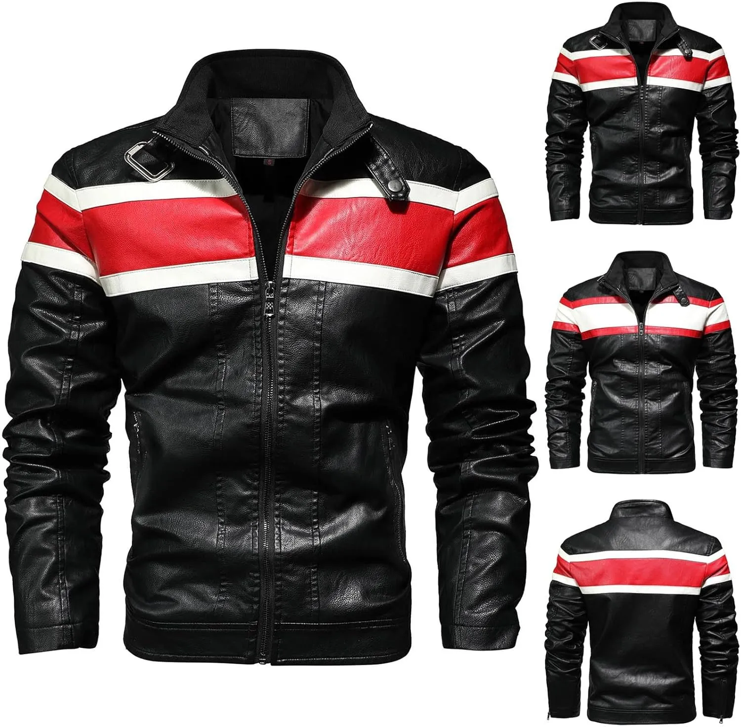 Men's Faux Leather Biker Jacket PU Moto Outerwear Stand Collar Coat Winter Windproof Jackets Zipper Patchwork Coats