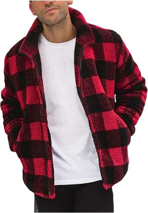 Mens Fuzzy Sherpa Jacket Plus Size Fluffy Fleece Warm Winter Coat Fall Winter Thicken Open Front Cardigan with Pocket