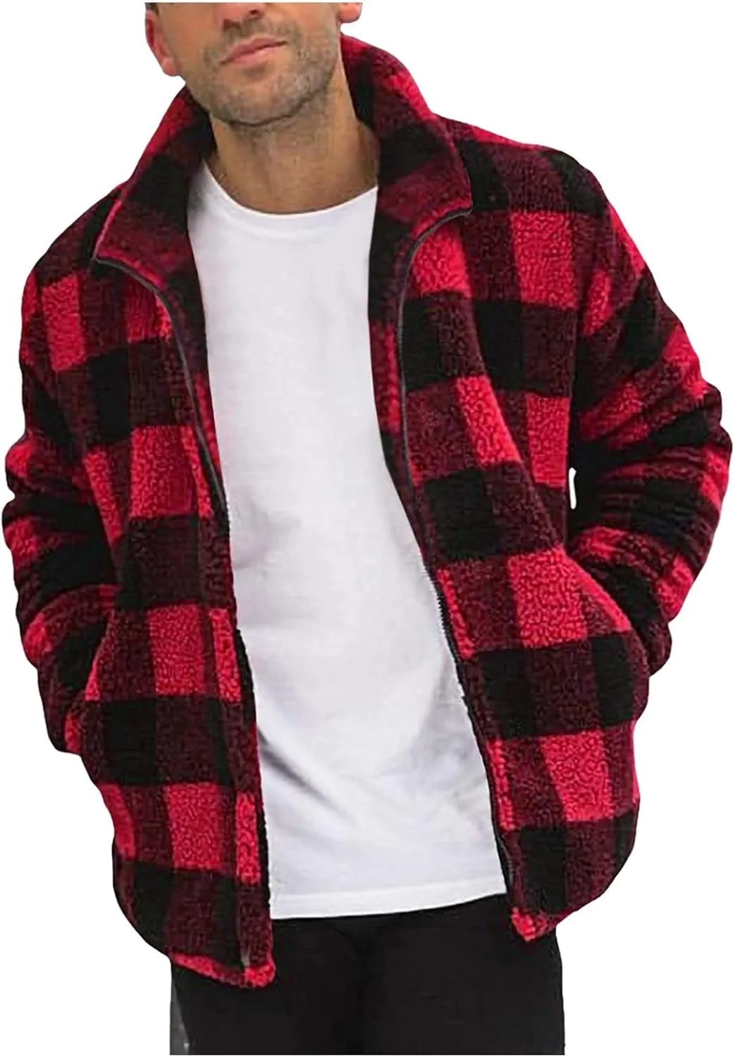 Mens Fuzzy Sherpa Jacket Plus Size Fluffy Fleece Warm Winter Coat Fall Winter Thicken Open Front Cardigan with Pocket