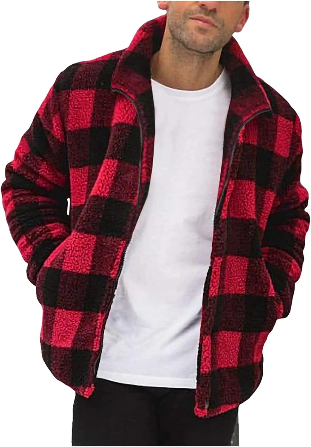 Mens Fuzzy Sherpa Jacket Plus Size Fluffy Fleece Warm Winter Coat Fall Winter Thicken Open Front Cardigan with Pocket