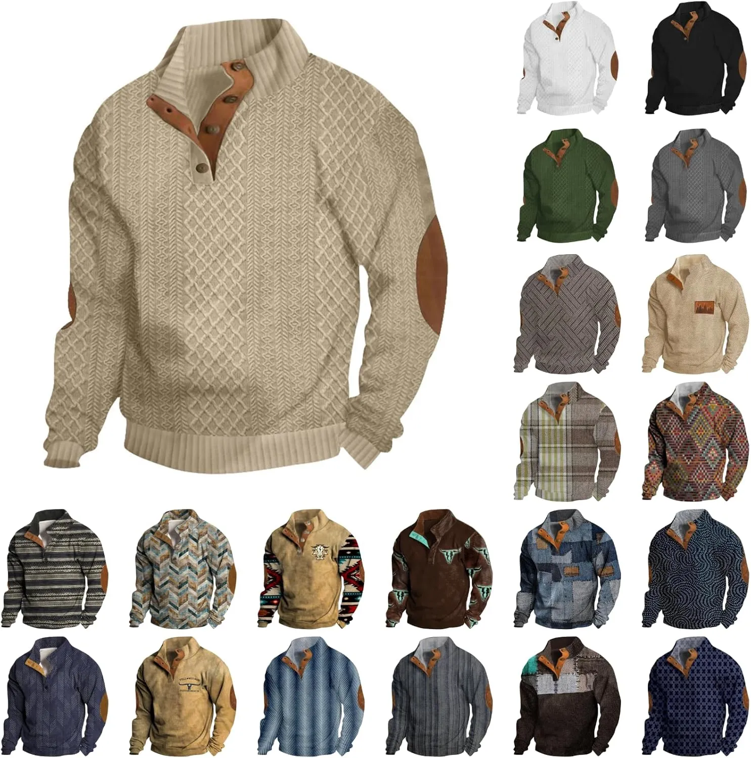 Mens Henley Sweatshirts Elbow Patches Thermal Button Loose Fit Pullover Fall Long Sleeve Casual Print Sweaters