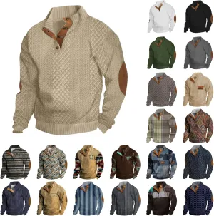 Mens Henley Sweatshirts Elbow Patches Thermal Button Loose Fit Pullover Fall Long Sleeve Casual Print Sweaters