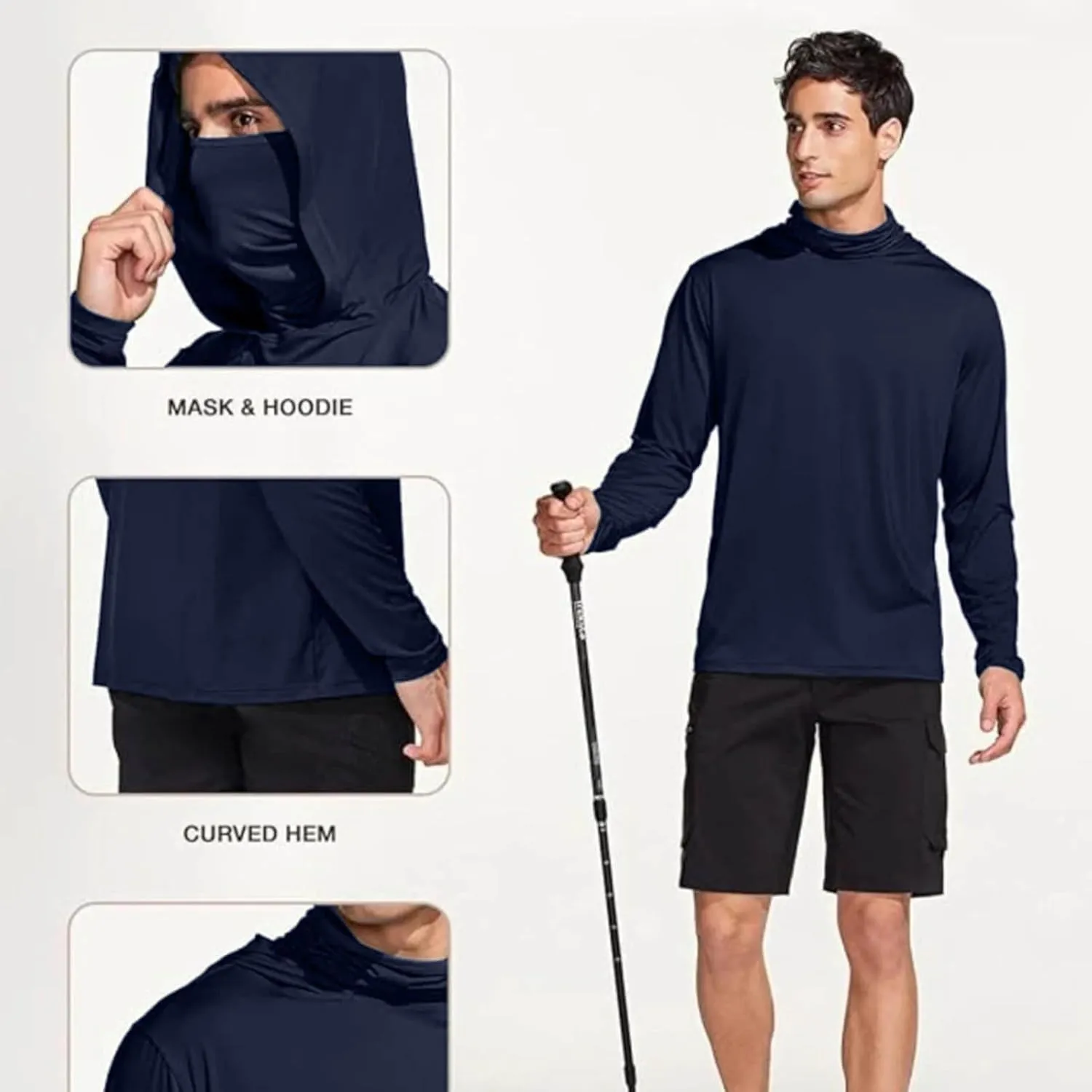 Men's Hooded Sun Protection T Shirts Long Sleeve UV Rash Guard Fishing Shirts Lightweight Quick Dry Athletic Hoodies