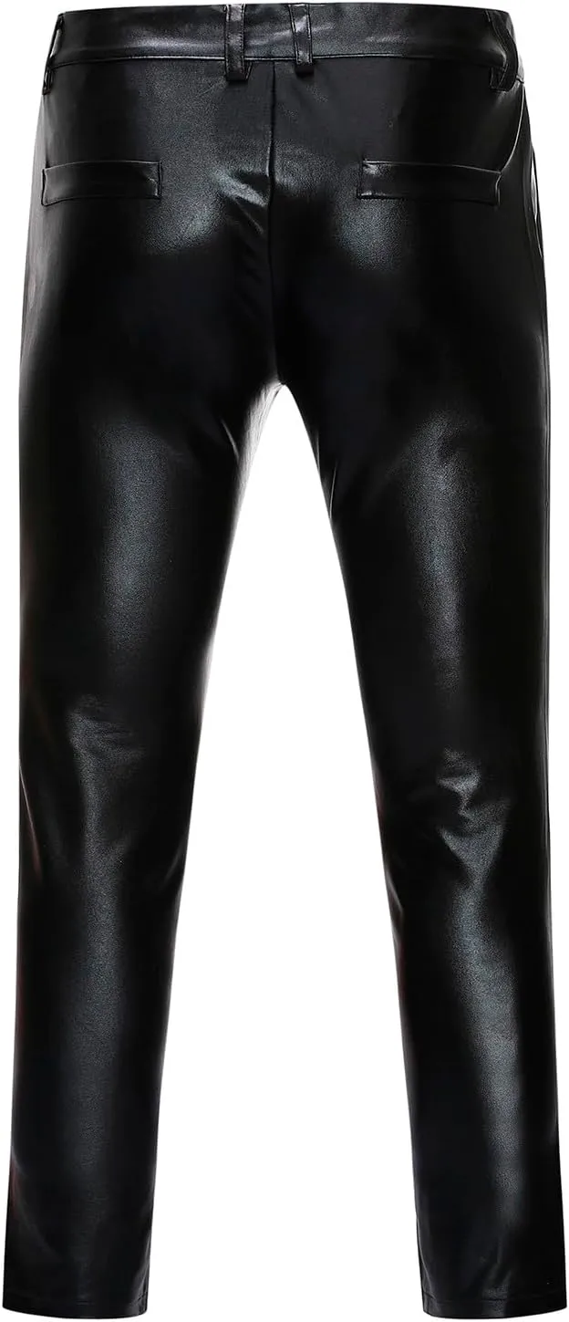 Mens Metallic Shiny Disco Pants Trendy Party Dance Pants Straight Leg Trousers 70s/80s Festival Rave PU Leather Pants