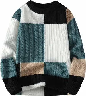 Men's Oversized Color Blocked Knitted Sweater Long Sleeve Crewneck Pullover Casual Jumper Fall Winter Fashion Loose Warm Top