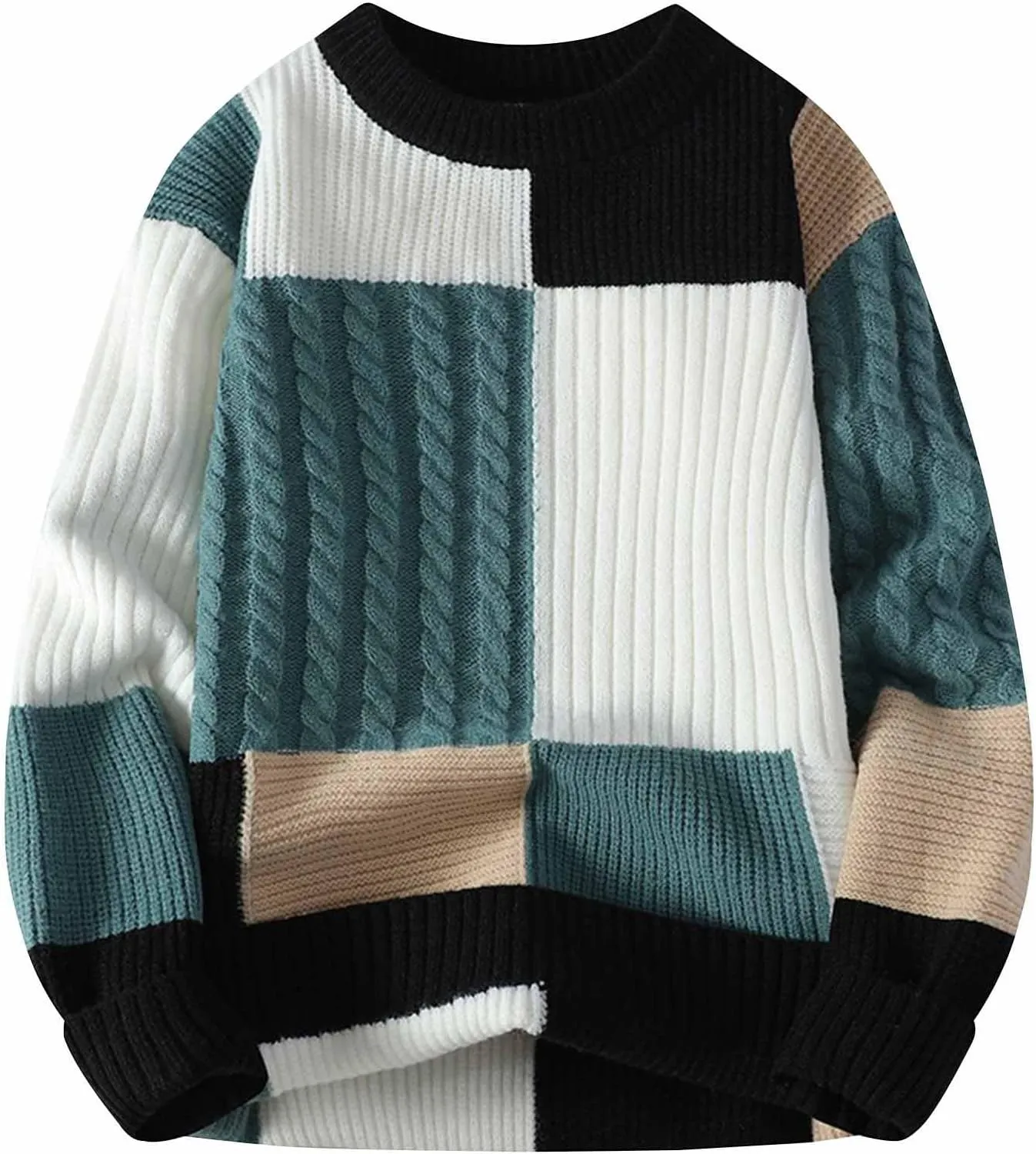 Men's Oversized Color Blocked Knitted Sweater Long Sleeve Crewneck Pullover Casual Jumper Fall Winter Fashion Loose Warm Top