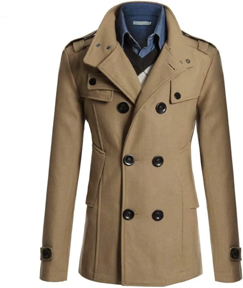 Men's Pea Coat Plus Size Classic Notched Collar Double Breasted Trench Coat Winter Slim Fit Warm Long Thick Overcoat