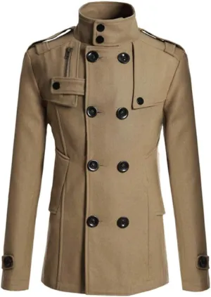 Men's Pea Coat Plus Size Classic Notched Collar Double Breasted Trench Coat Winter Slim Fit Warm Long Thick Overcoat