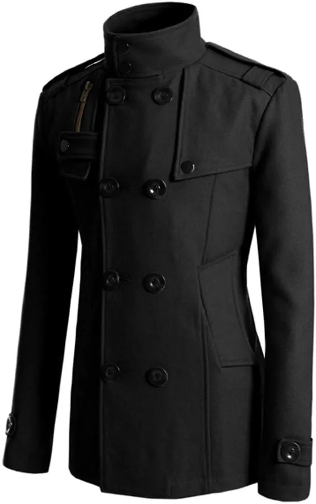 Men's Pea Coat Plus Size Classic Notched Collar Double Breasted Trench Coat Winter Slim Fit Warm Long Thick Overcoat