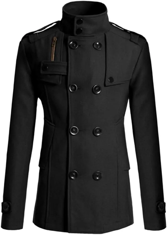 Men's Pea Coat Plus Size Classic Notched Collar Double Breasted Trench Coat Winter Slim Fit Warm Long Thick Overcoat