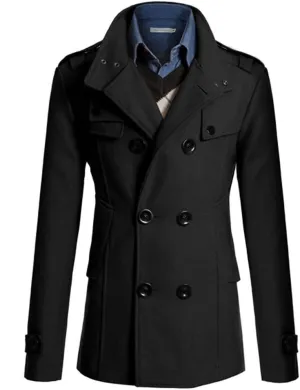 Men's Pea Coat Plus Size Classic Notched Collar Double Breasted Trench Coat Winter Slim Fit Warm Long Thick Overcoat